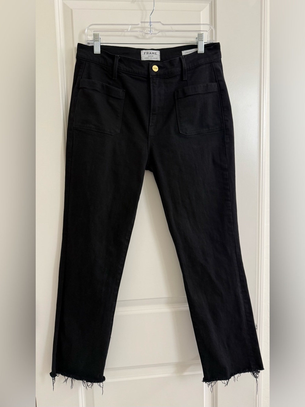 Anthropologie Frame Denim Le Bardot Straight high rise black jeans patch pockets